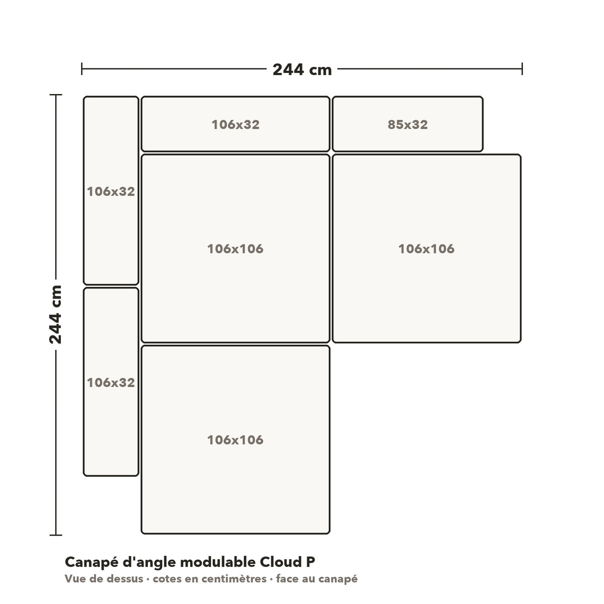Canapé d'angle modulable Cloud P : plan coté vue de dessus, 244 × 244 cm