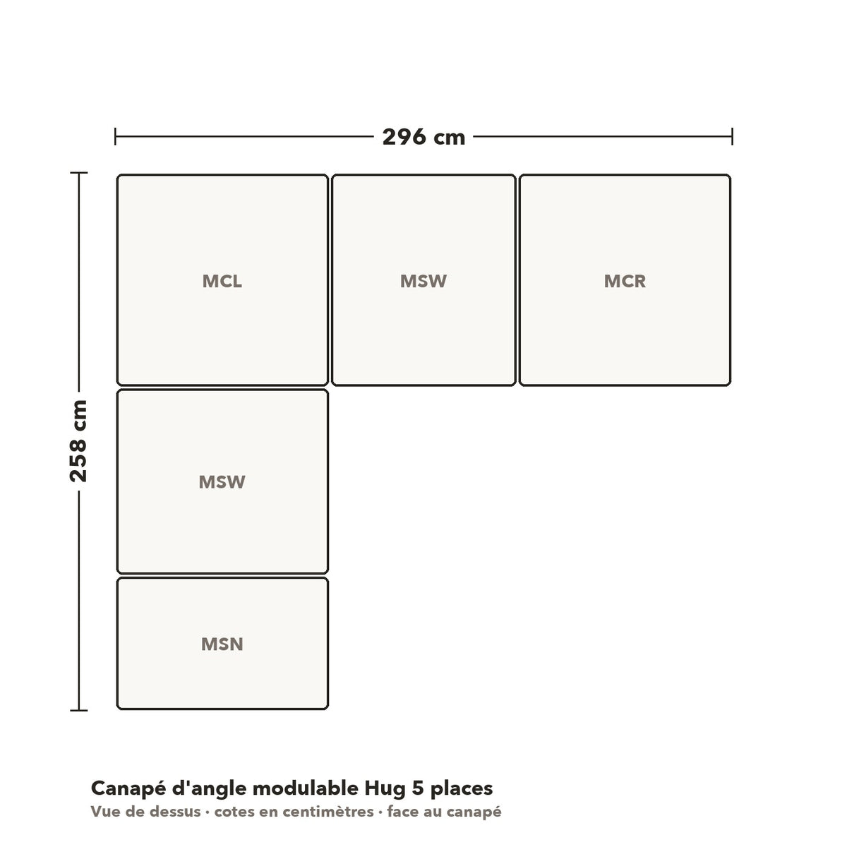 Canapé d'angle modulable Hug 5 places : plan coté vue de dessus, 296 × 258 cm