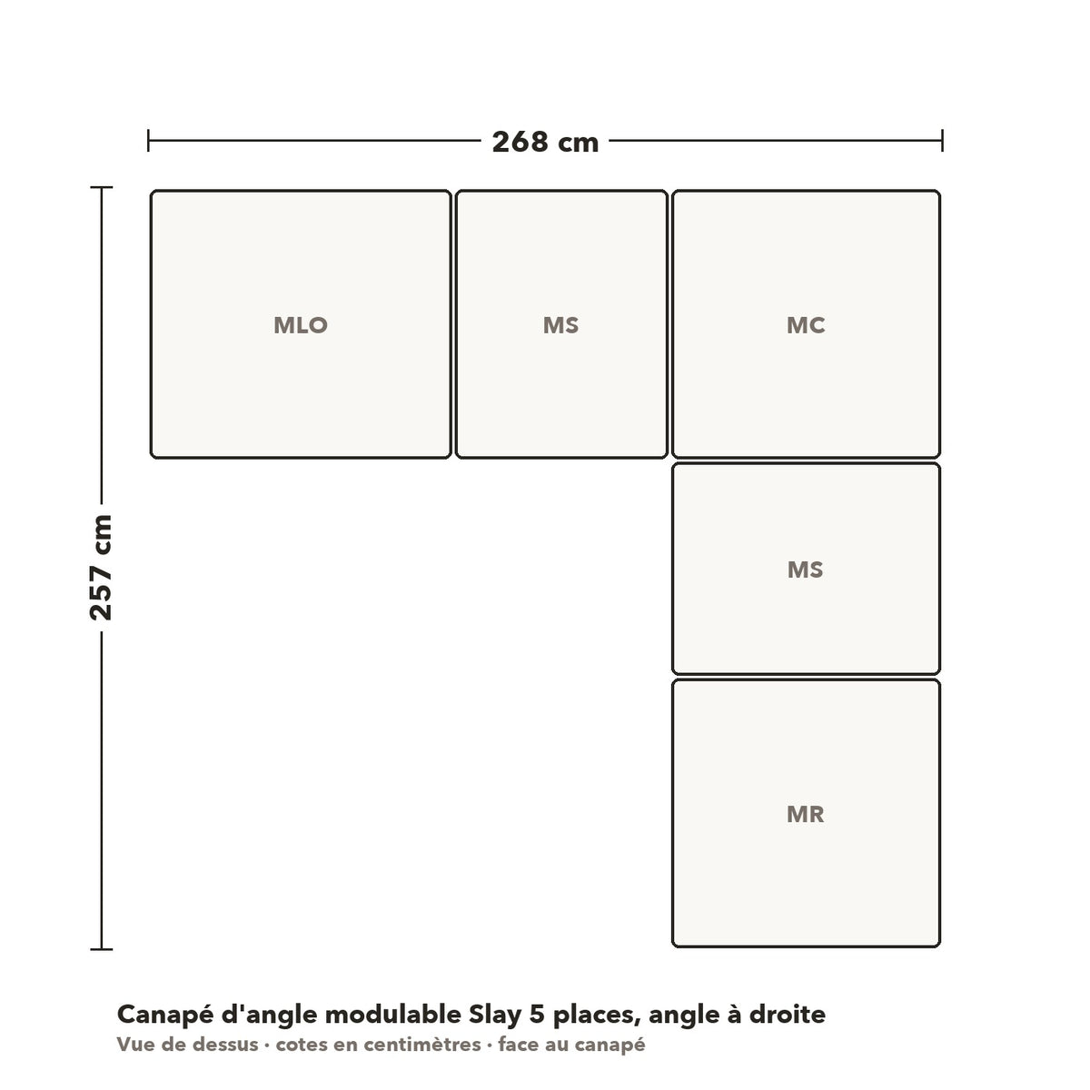 Canapé d'angle modulable Slay 5 places, angle à droite : plan coté vue de dessus, 268 × 257 cm