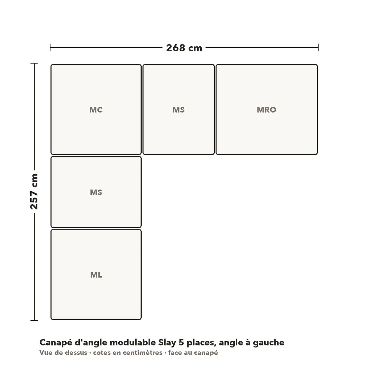 Canapé d'angle modulable Slay 5 places, angle à gauche : plan coté vue de dessus, 268 × 257 cm