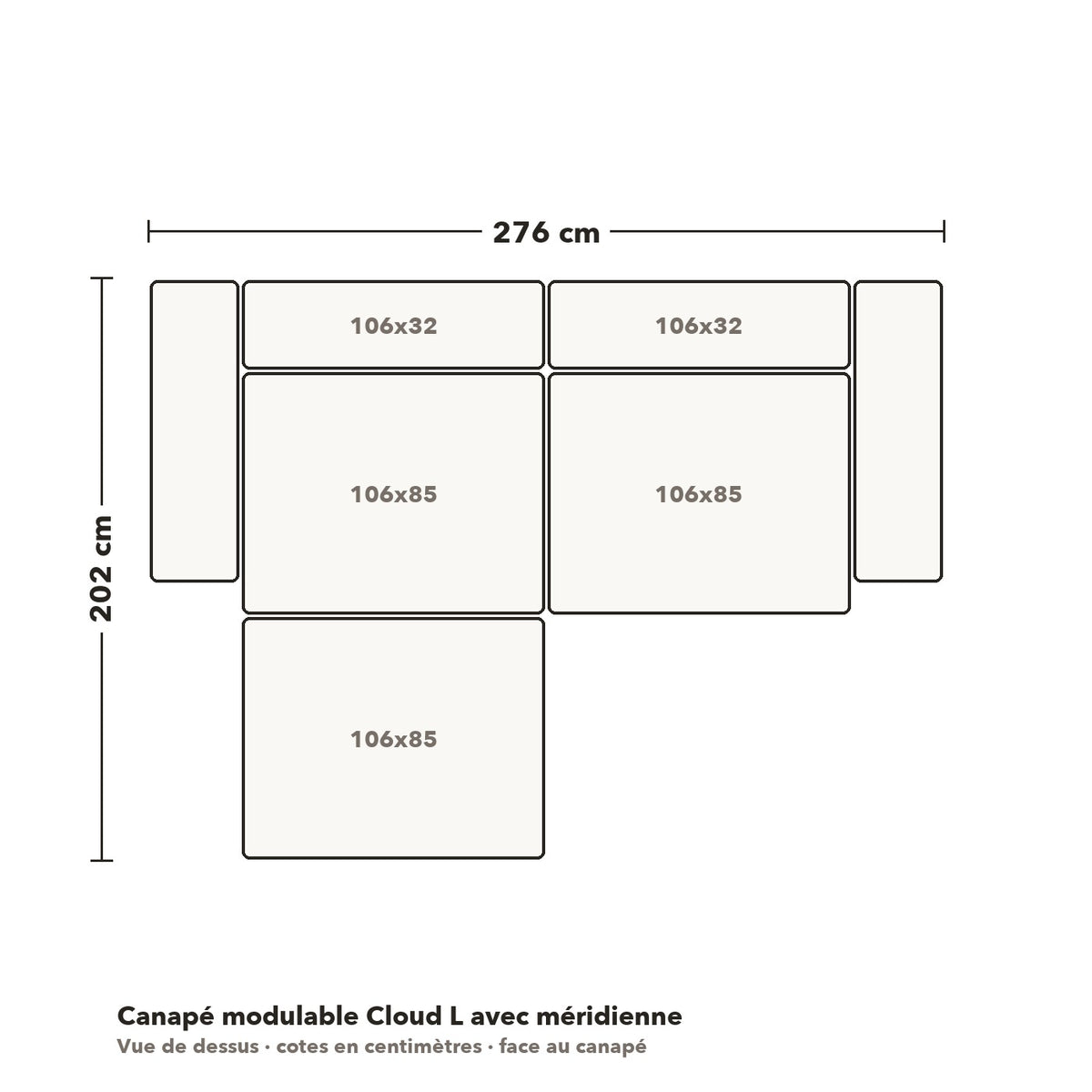Canapé modulable Cloud L avec méridienne : plan coté vue de dessus, 276 × 202 cm