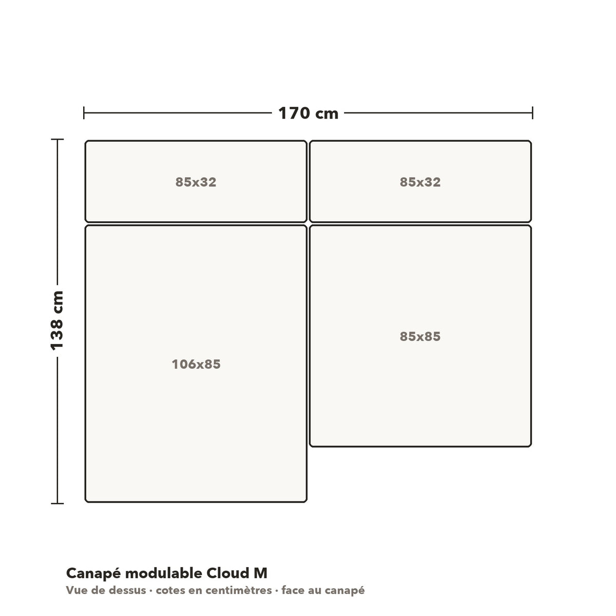 Canapé modulable Cloud M : plan coté vue de dessus, 170 × 138 cm