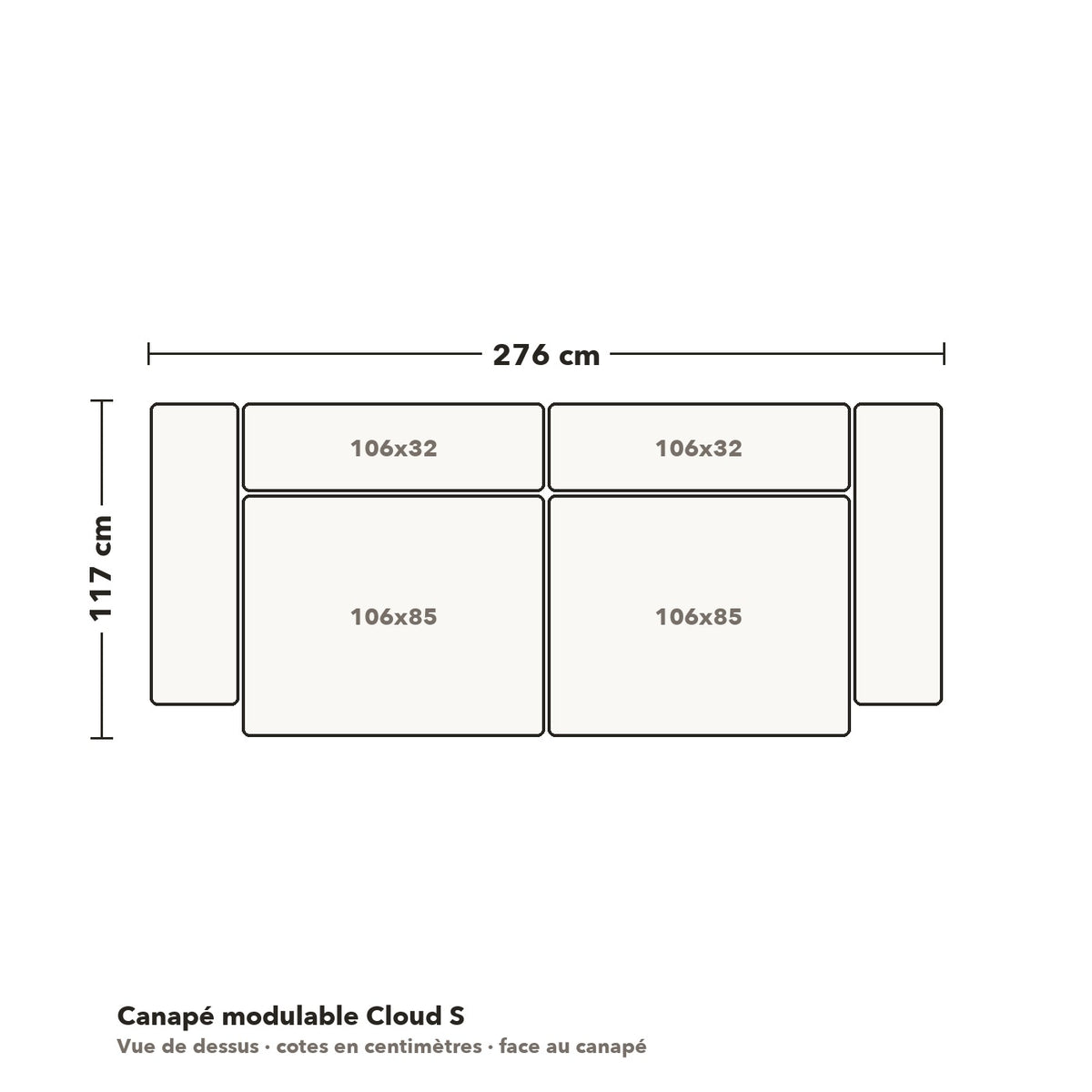 Canapé modulable Cloud S : plan coté vue de dessus, 276 × 117 cm