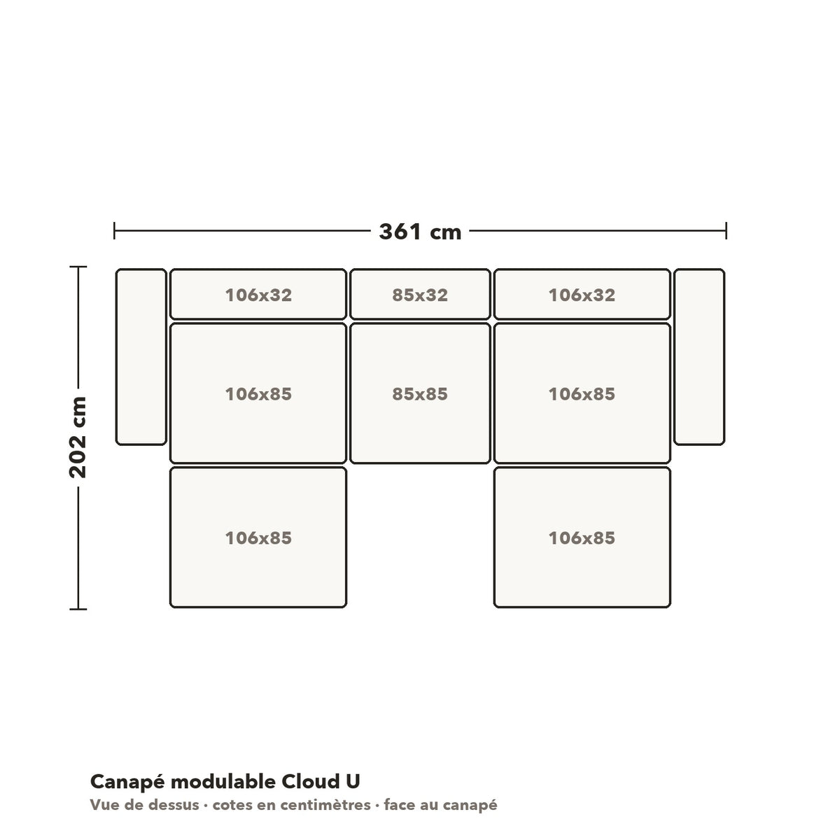 Canapé modulable Cloud U : plan coté vue de dessus, 361 × 202 cm