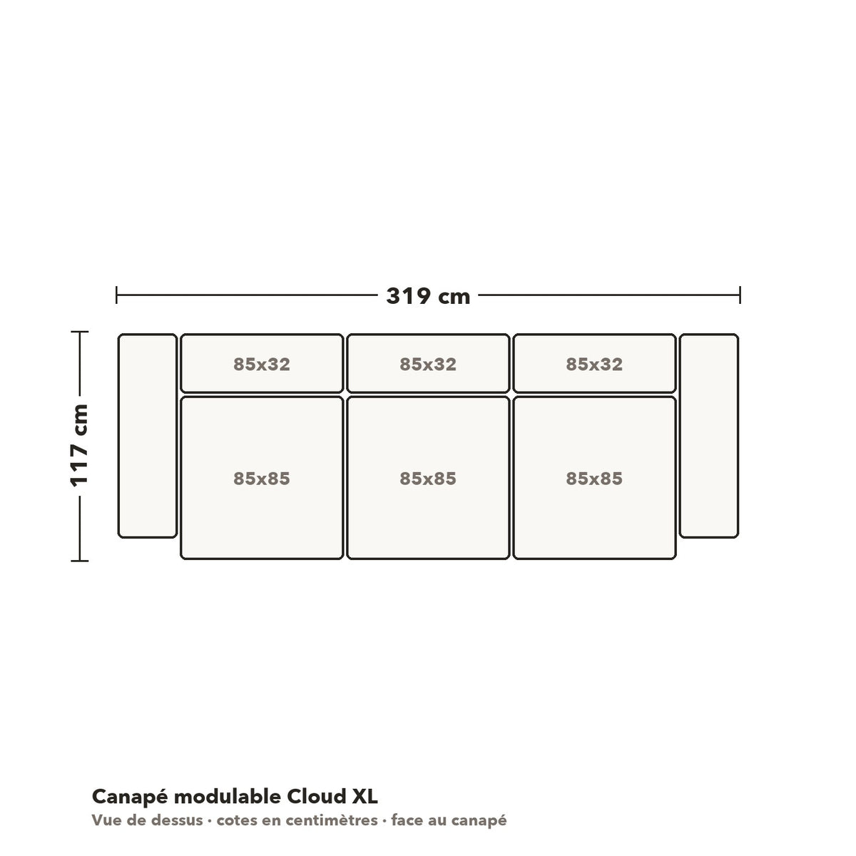 Canapé modulable Cloud XL : plan coté vue de dessus, 319 × 117 cm