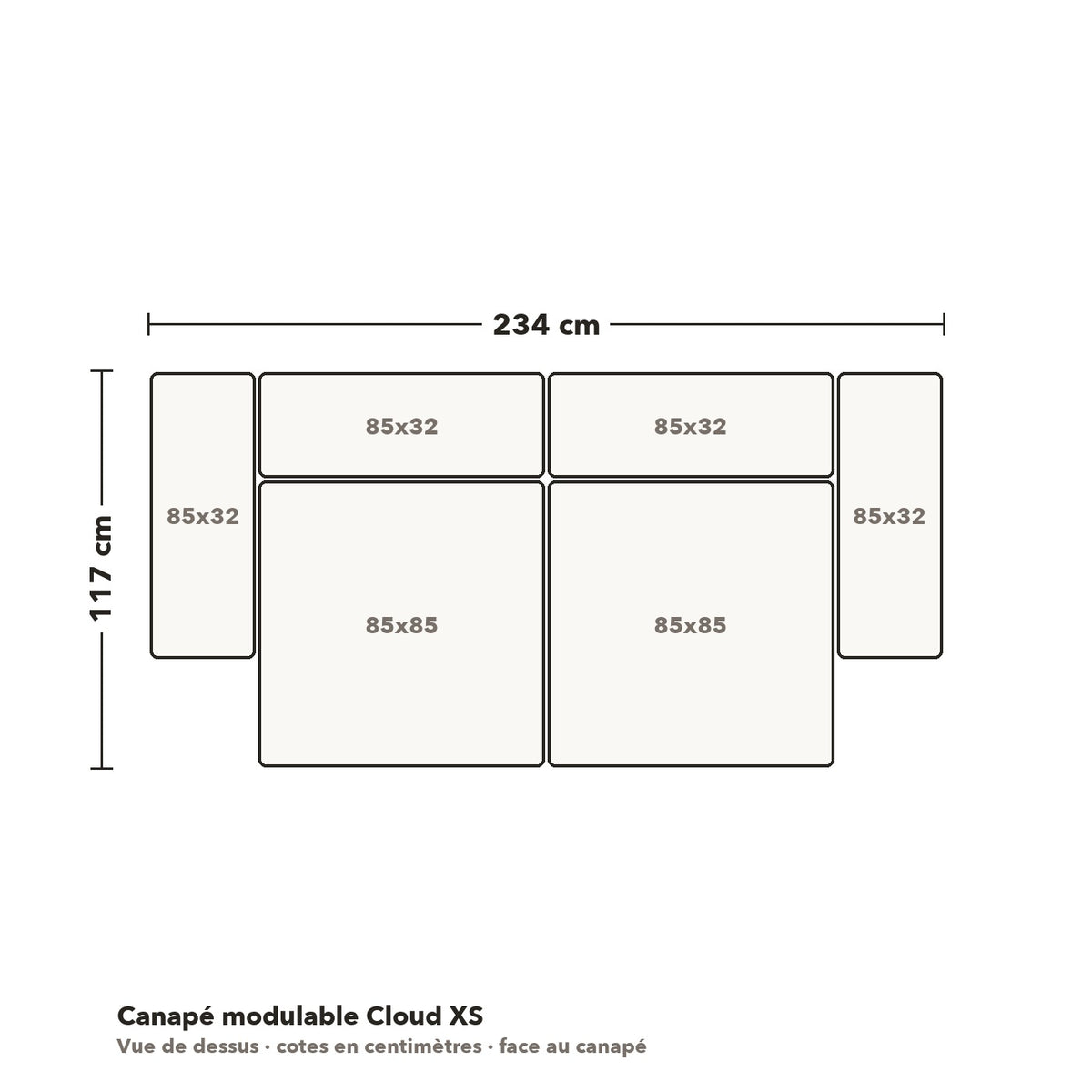 Canapé modulable Cloud XS : plan coté vue de dessus, 234 × 117 cm