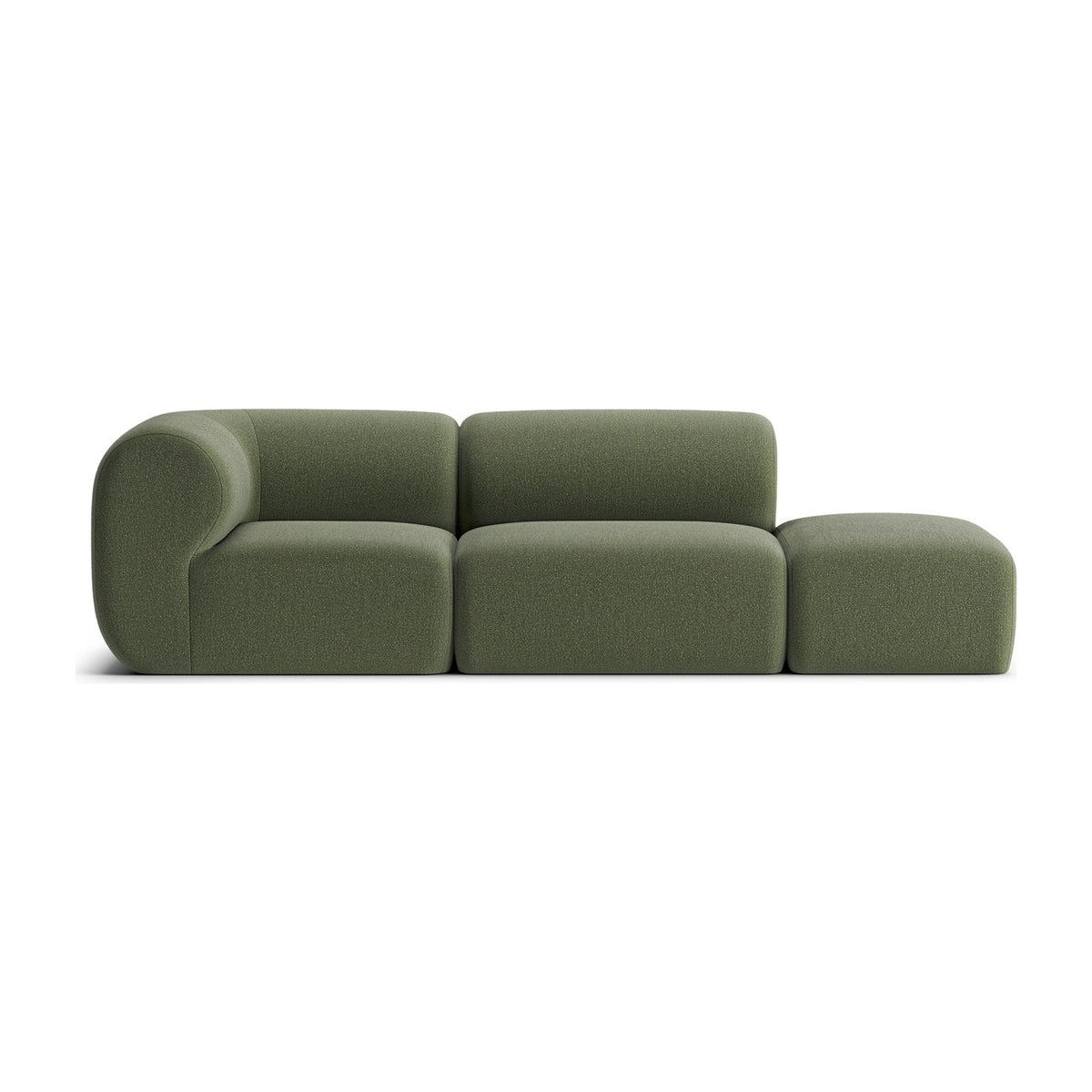Canapé modulable Hug 3 places avec pouf, photo studio sur fond blanc, vue 2