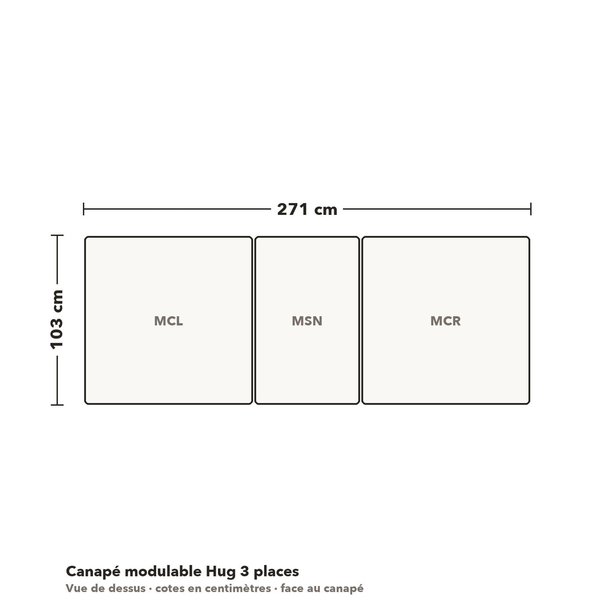 Canapé modulable Hug 3 places : plan coté vue de dessus, 271 × 103 cm