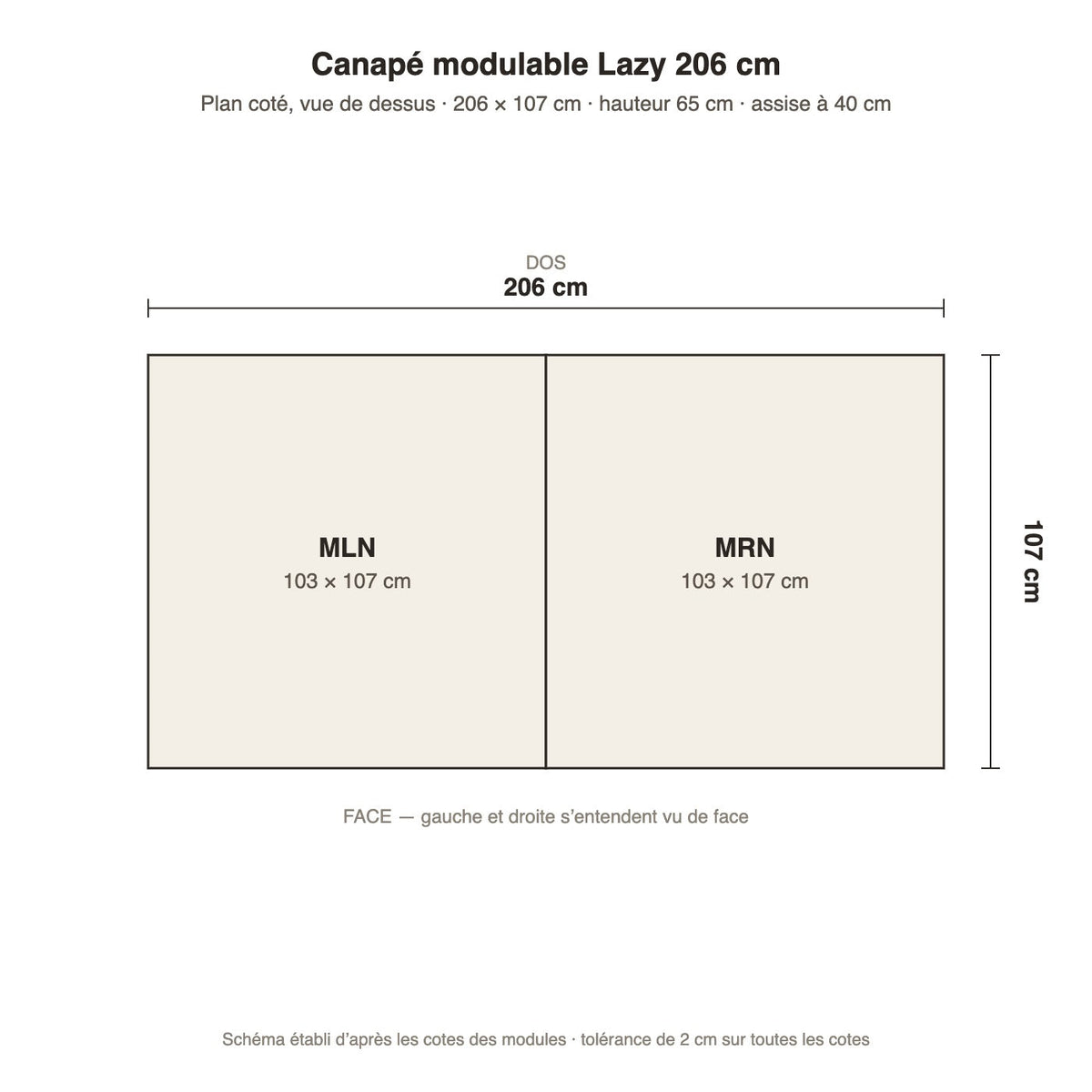 Canapé modulable Lazy 206 cm : plan coté vue de dessus, 206 × 107 cm