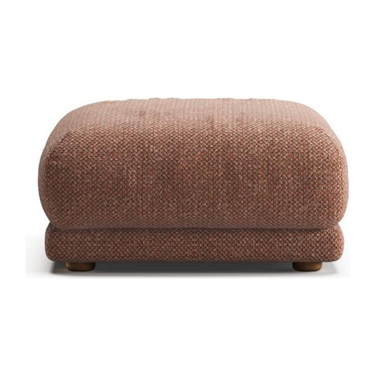 Pouf Lazy PN vu de face, socle et pieds en bois dur ciré, tissu chiné terracotta
