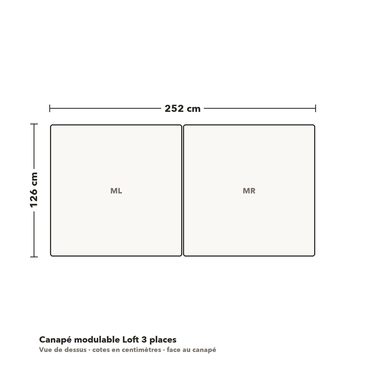 Canapé modulable Loft 3 places : plan coté vue de dessus, 252 × 126 cm