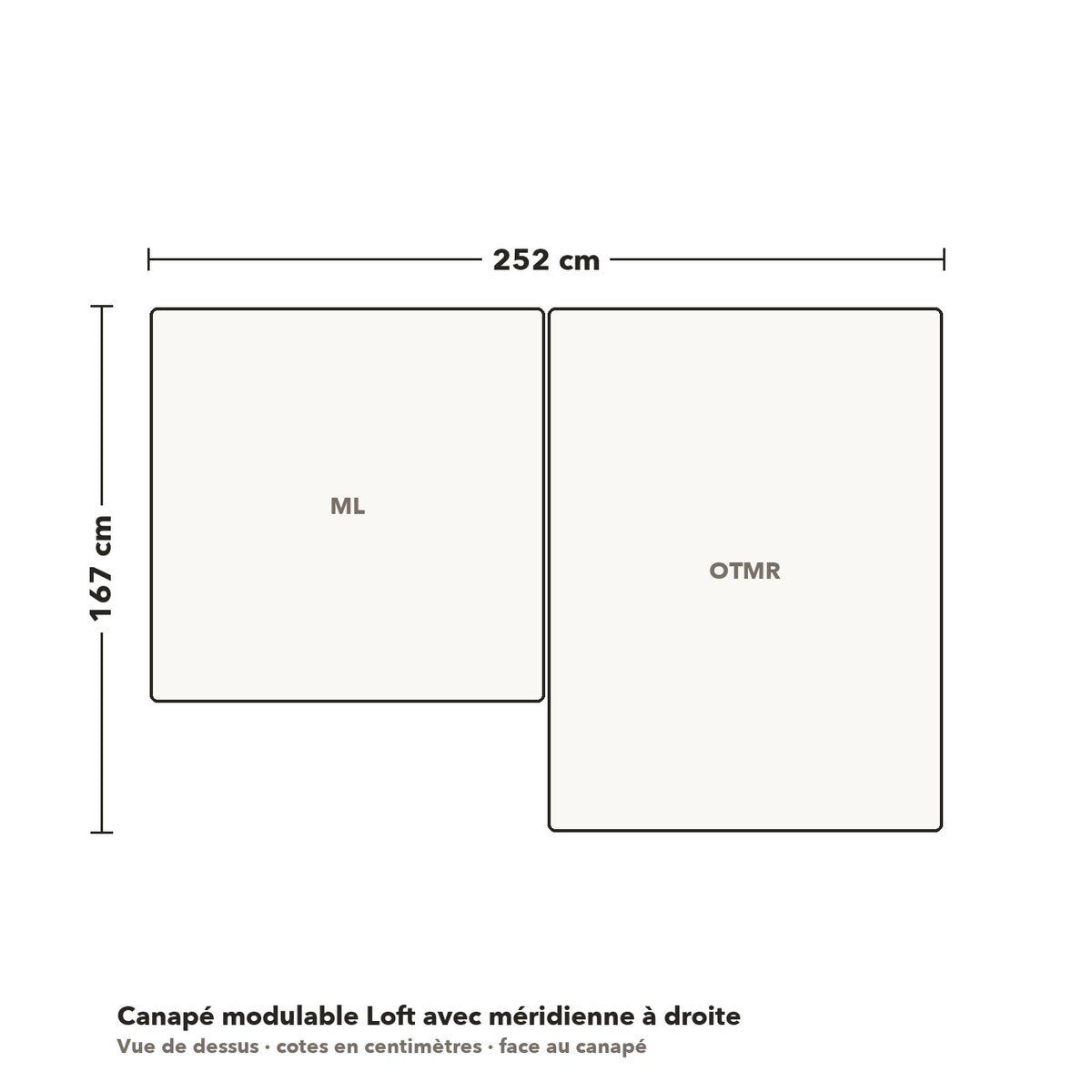 Canapé modulable Loft avec méridienne à droite : plan coté vue de dessus, 252 × 167 cm