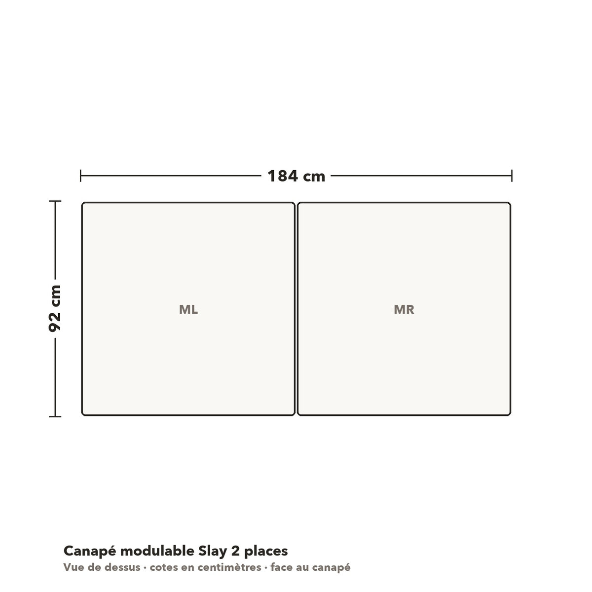 Canapé modulable Slay 2 places : plan coté vue de dessus, 184 × 92 cm
