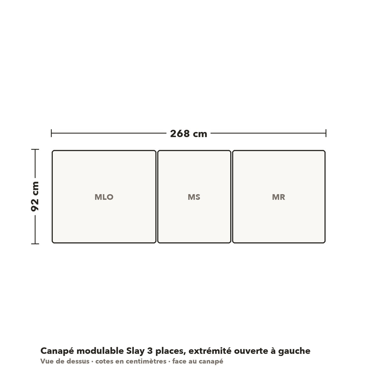 Canapé modulable Slay 3 places, extrémité ouverte à gauche : plan coté vue de dessus, 268 × 92 cm