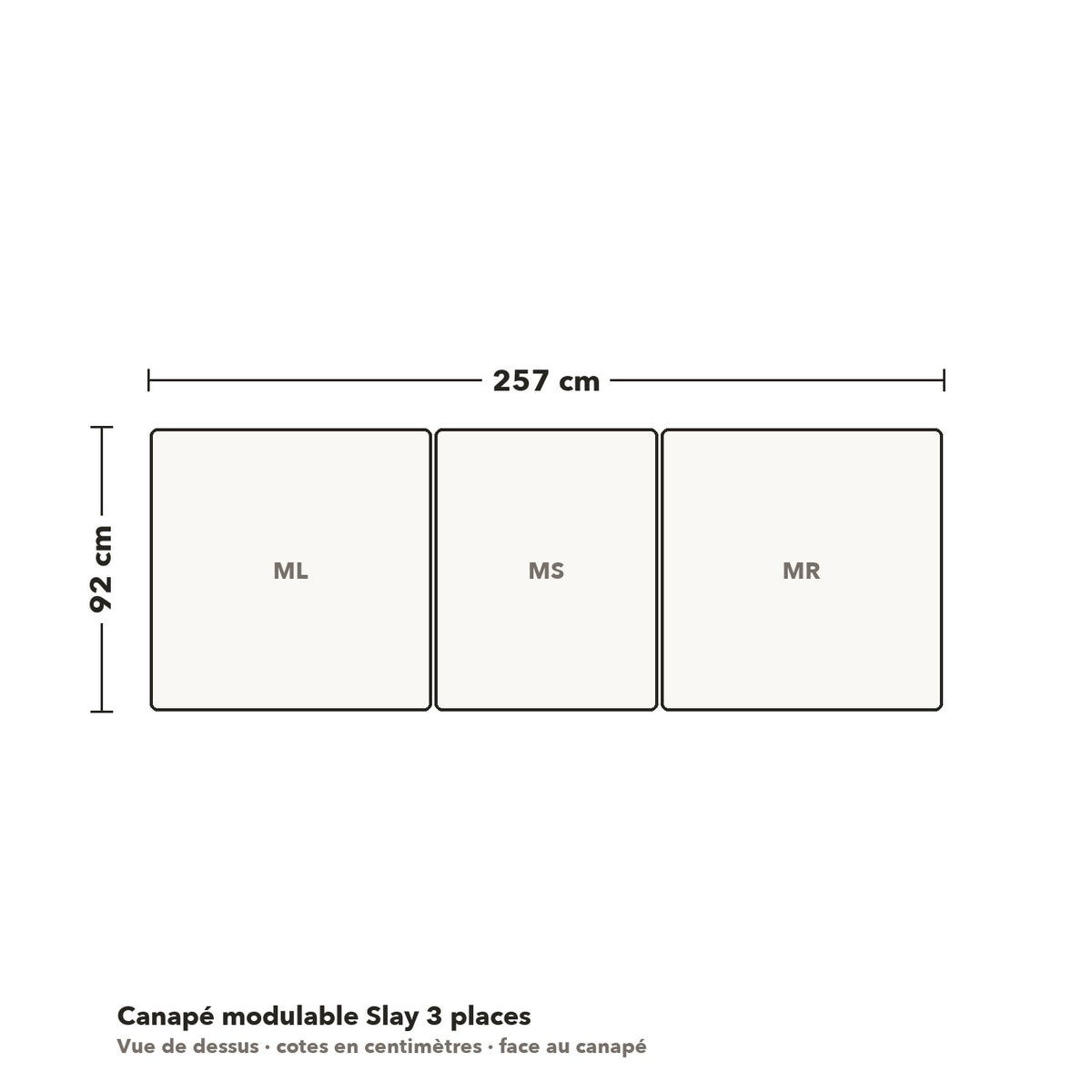Canapé modulable Slay 3 places : plan coté vue de dessus, 257 × 92 cm